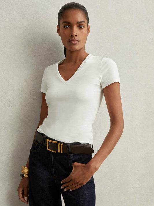 Stretch Cotton V-Neck T-Shirt White | Womens