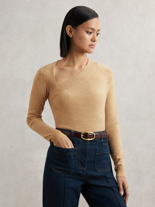 Wool-Blend Asymmetric Knit Top Camel | Womens