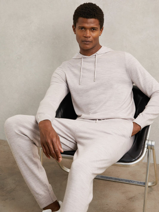 Merino Wool Drawstring Hoodie Wicker Brown Melange | Mens