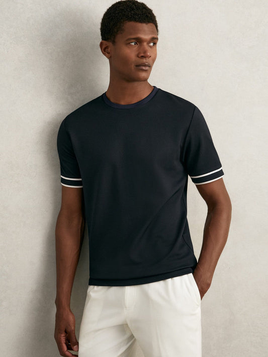 Textured Crew-Neck Tipped T-Shirt Navy Blue | Mens