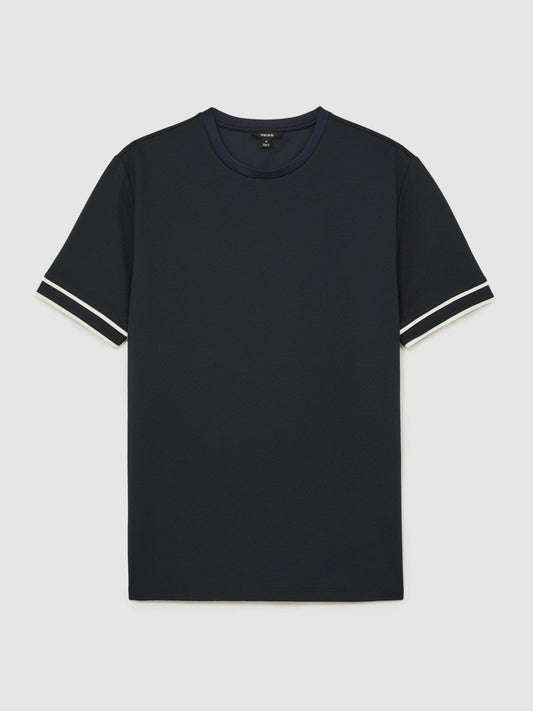 Textured Crew-Neck Tipped T-Shirt Navy Blue | Mens