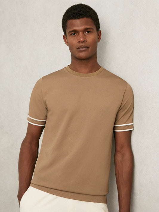 Textured Crew-Neck Tipped T-Shirt Camel Brown | Mens