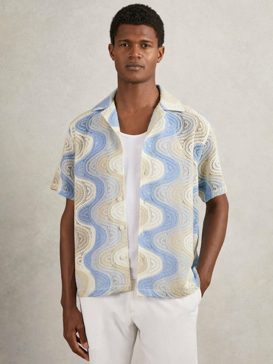 Wave Crochet Cuban Collar Shirt Blue Multi | Mens