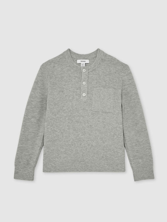 13-14 yrs Cotton-Blend Rib-Knit Henley Top Mid Grey Melange | Children