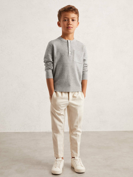 13-14 yrs Cotton-Blend Rib-Knit Henley Top Mid Grey Melange | Children