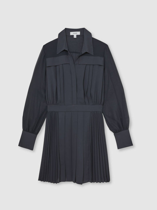 Pleated Sheer-Sleeve Mini Dress Navy | Womens