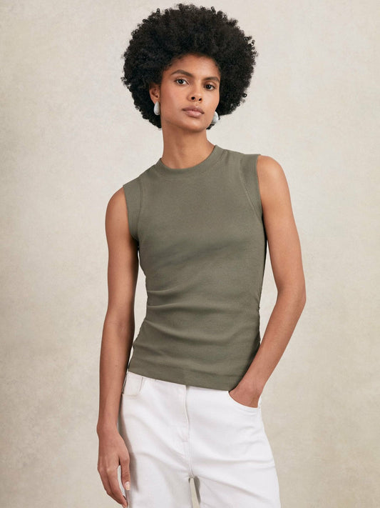 Ribbed Ruched Waist Vest Khaki Green | Womens