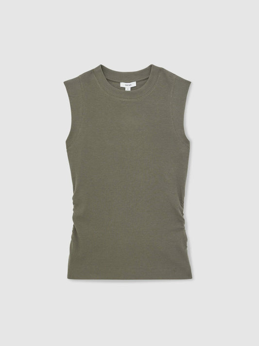 Ribbed Ruched Waist Vest Khaki Green | Womens