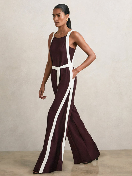 Petite Colourblock Wide Leg Belted Jumpsuit Burgundy/Cream | Womens