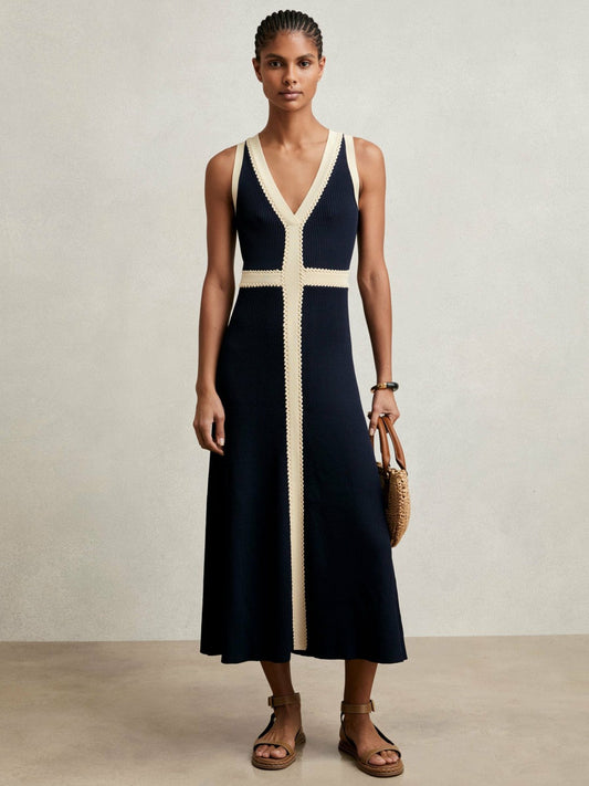 Craft-Stitch Knitted Midi Dress Navy | Womens