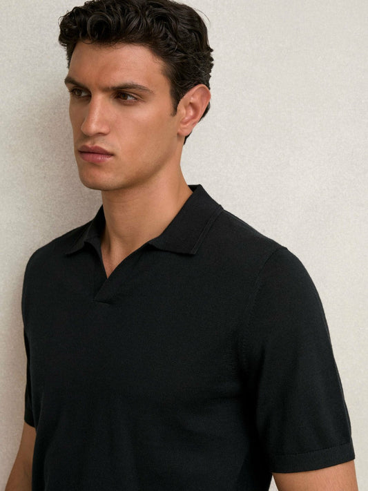 Merino Wool Open Collar Polo Shirt Black | Mens