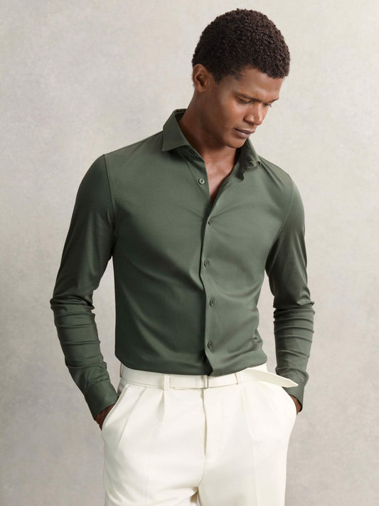 Cotton-Jersey Button-Through Shirt Kale Green | Mens