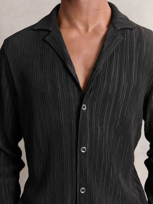 Plissé Cuban-Collar Long-Sleeve Shirt Black | Mens
