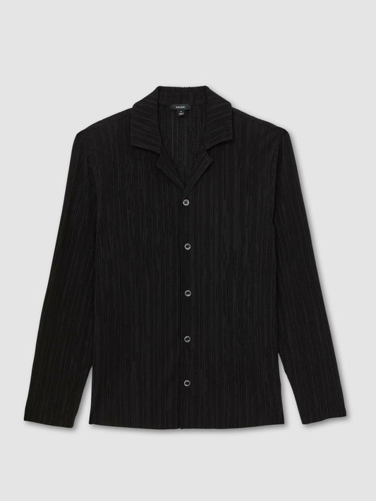 Plissé Cuban-Collar Long-Sleeve Shirt Black | Mens