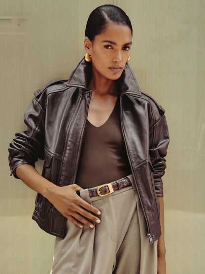 Oversized Leather Jacket Aubergine | Womens