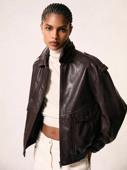 Oversized Leather Jacket Aubergine | Womens