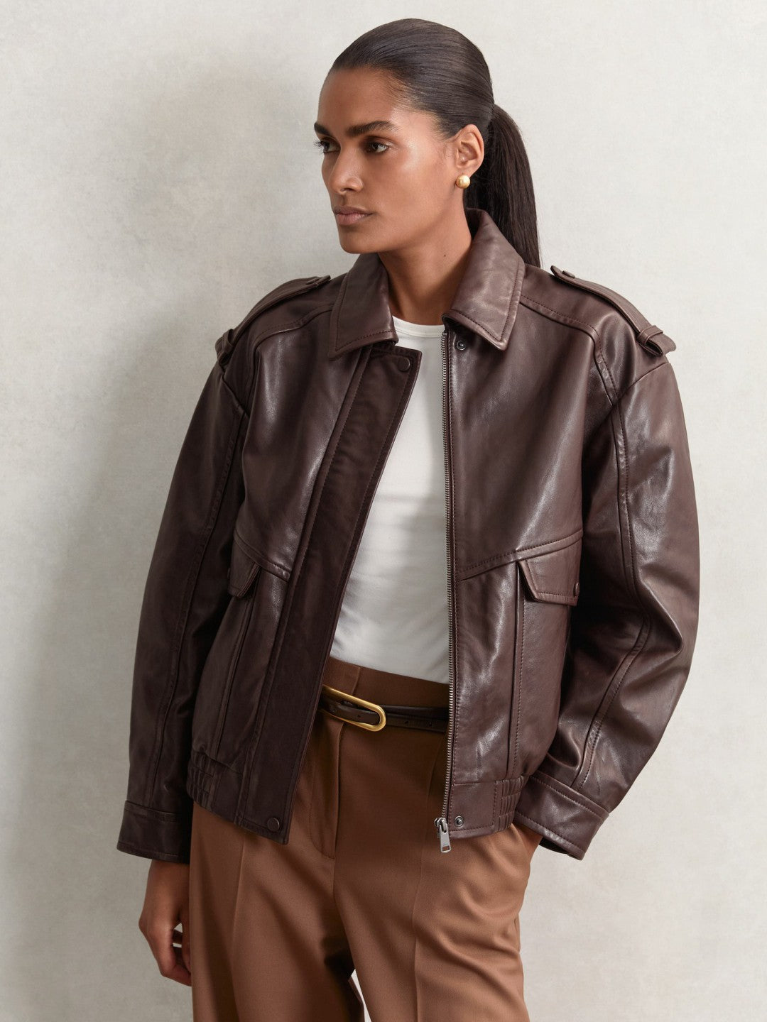 Oversized Leather Jacket Aubergine | Womens