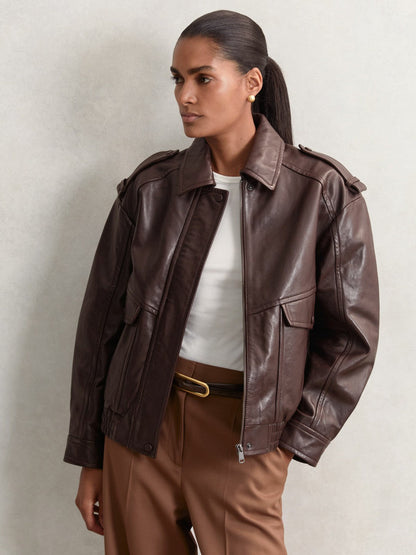 Oversized Leather Jacket Aubergine | Womens