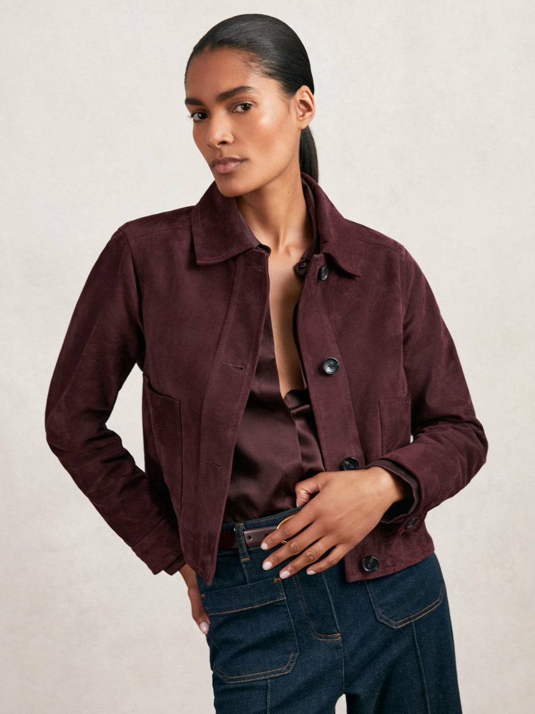 Suede Button Through Jacket Burgundy | Womens