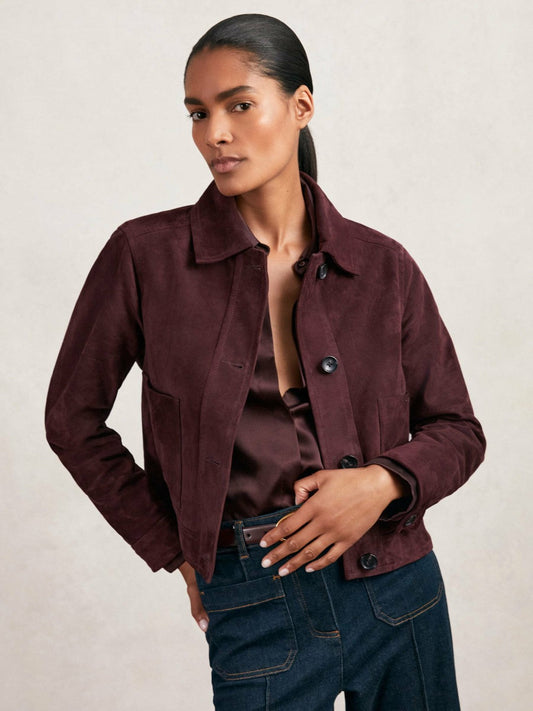 Suede Button Through Jacket Burgundy | Womens