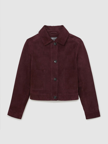 Suede Button Through Jacket Burgundy | Womens