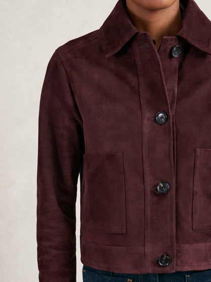 Suede Button Through Jacket Burgundy | Womens