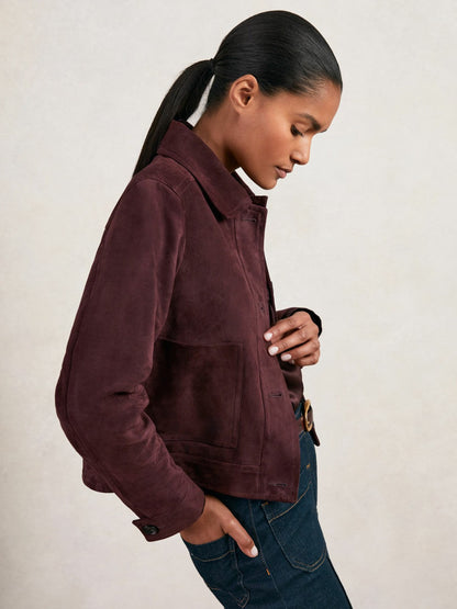 Suede Button Through Jacket Burgundy | Womens