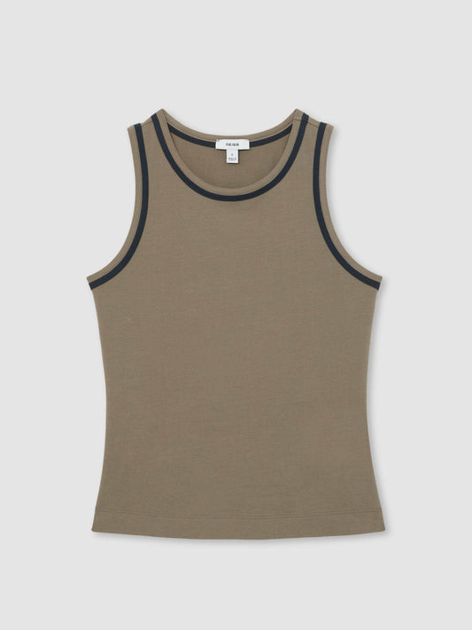 Stretch-Cotton Jersey Tipped Vest Khaki Green/Navy | Womens