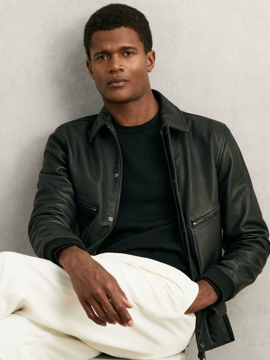 Grained Leather Zip Through Jacket Black | Mens