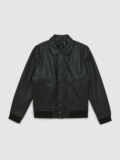 Grained Leather Zip Through Jacket Black | Mens