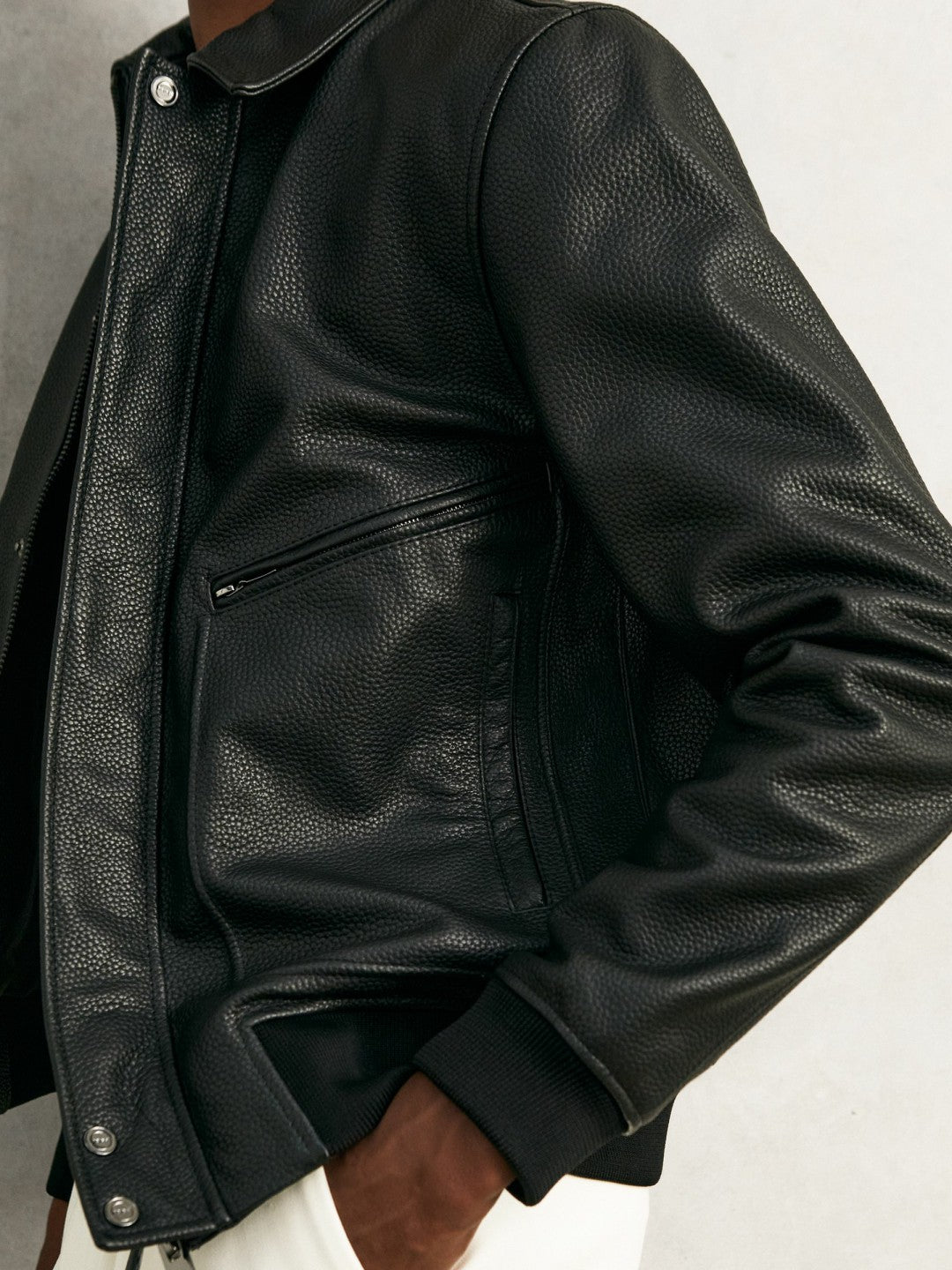 Grained Leather Zip Through Jacket Black | Mens