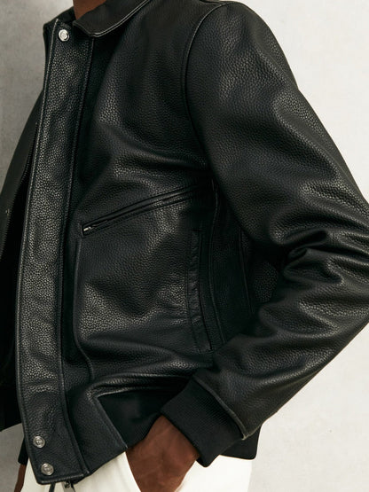 Grained Leather Zip Through Jacket Black | Mens