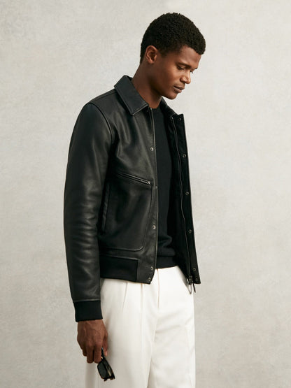 Grained Leather Zip Through Jacket Black | Mens