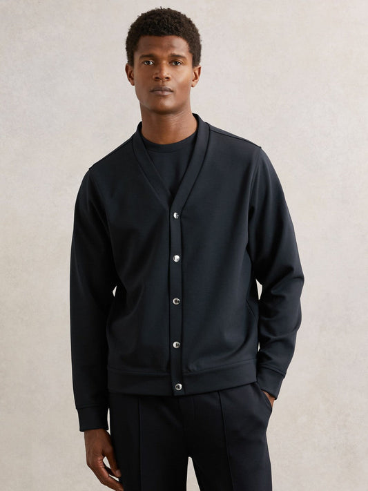 V-Neck Interlock Jersey Cardigan Navy | Mens