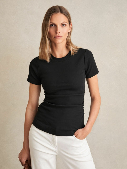 Stretch-Cotton Ruched Ribbed T-Shirt Black | Womens