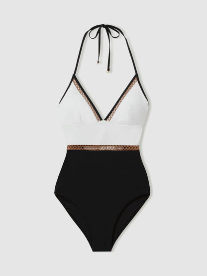 Colourblock Halter Swimsuit White/Tan | Womens