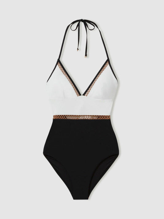 Colourblock Halter Swimsuit White/Tan | Womens