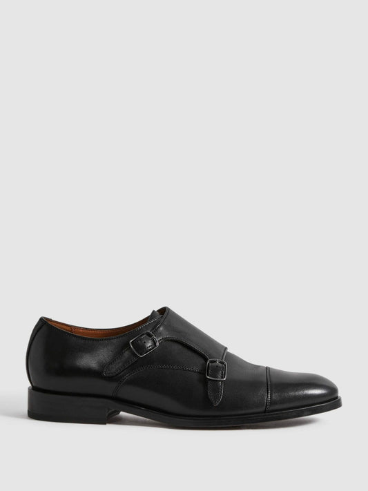 Leather Double Monk Strap Shoes Black | Mens