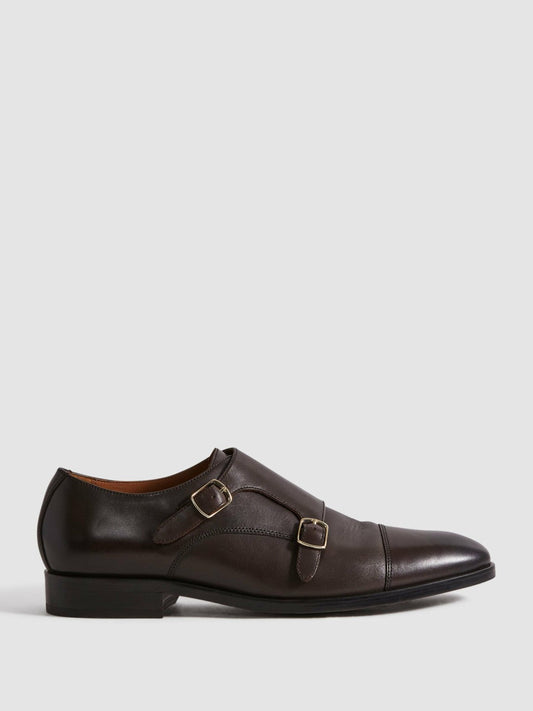 Leather Double Monk Strap Shoes Dark Brown | Mens