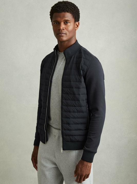 Hybrid Quilt and Knit Zip-Through Jacket Navy | Mens