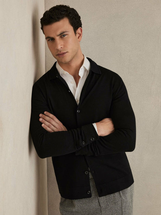 Merino Wool Button-Through Cardigan Black | Mens