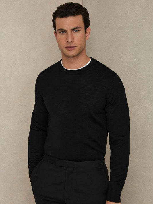 Merino Wool Crew Neck Jumper Black | Mens