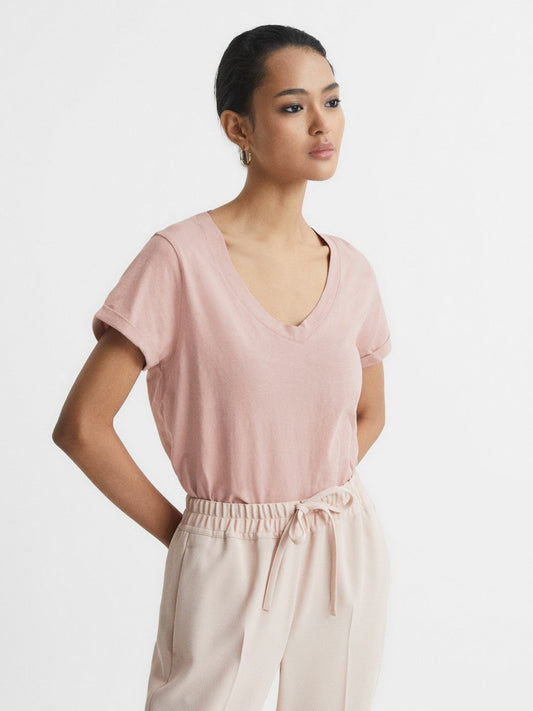Cotton-Jersey V-Neck T-Shirt Light Pink | Womens
