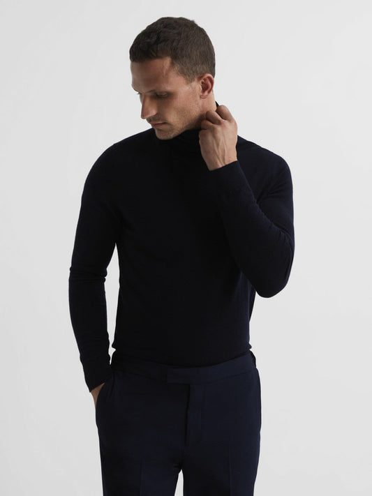 Slim Fit Merino Wool Roll Neck Jumper Navy | Mens