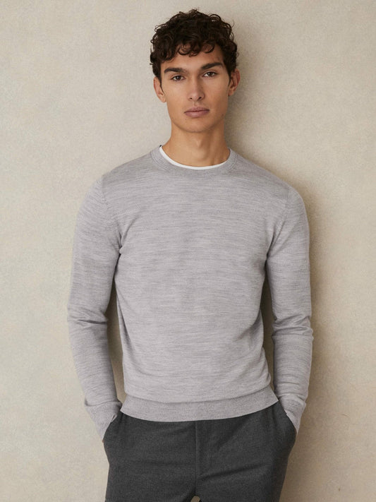 Merino Wool Crew Neck Jumper Soft Grey Mouline | Mens