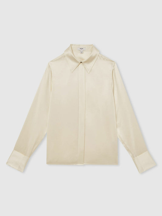 Silk-Satin Concealed-Placket Shirt Ivory | Womens