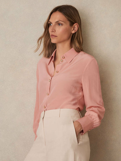 Silk Embossed-Button Shirt Pink | Womens
