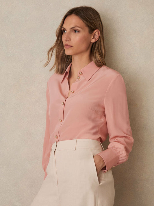 Silk Embossed-Button Shirt Pink | Womens