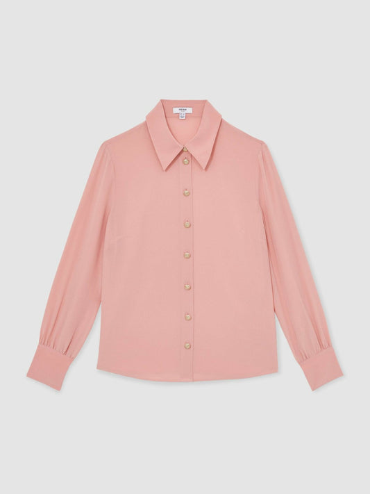 Silk Embossed-Button Shirt Pink | Womens