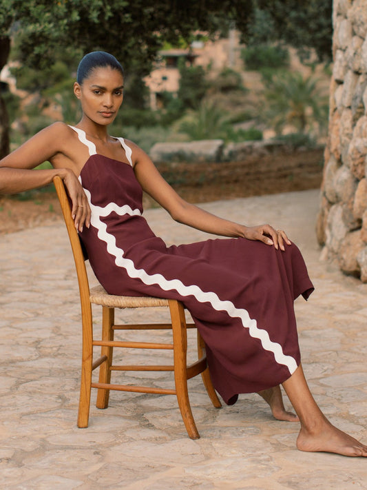 Wave-Trim Crepe Midi Dress Burgundy | Womens